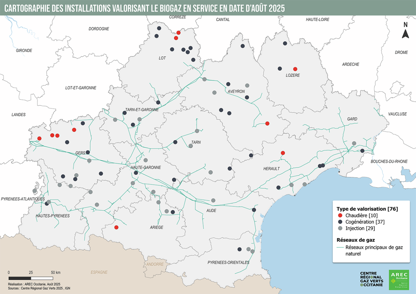 carte des installations gaz verts Occitanie - août 2025