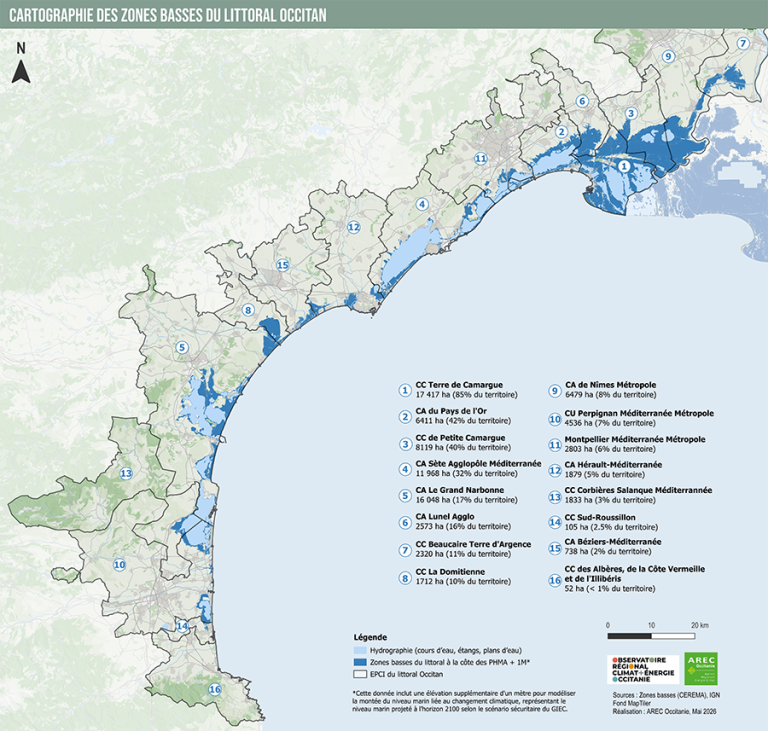 carte des zones basses du littoral méditerraneen occitan