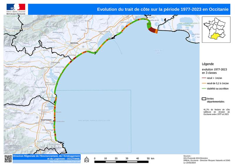 Evolution du trait de cote en Occitanie - 1977 - 2023